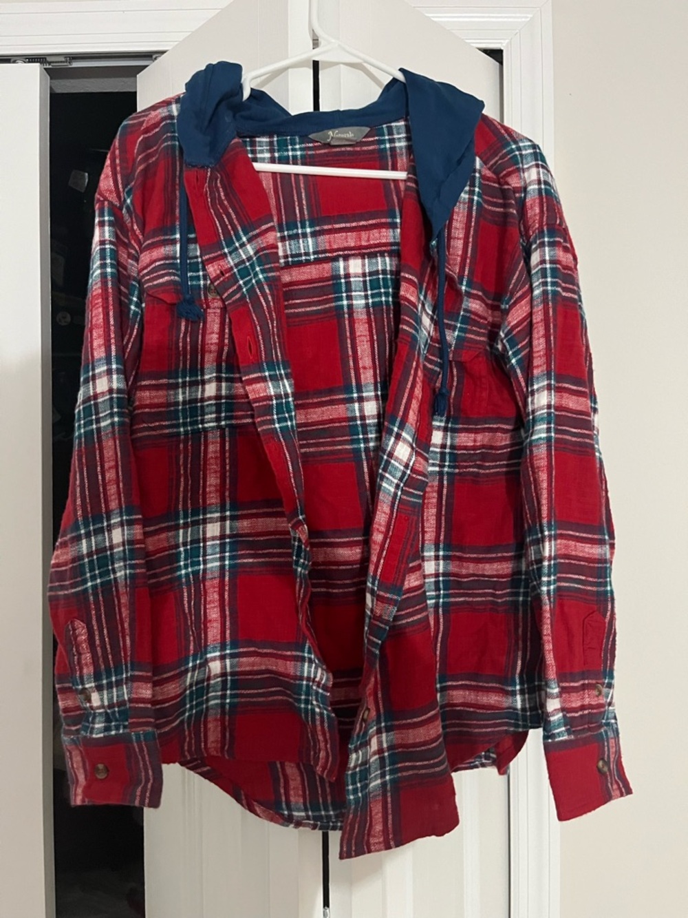 Red Plaid jacket with Blue Hood